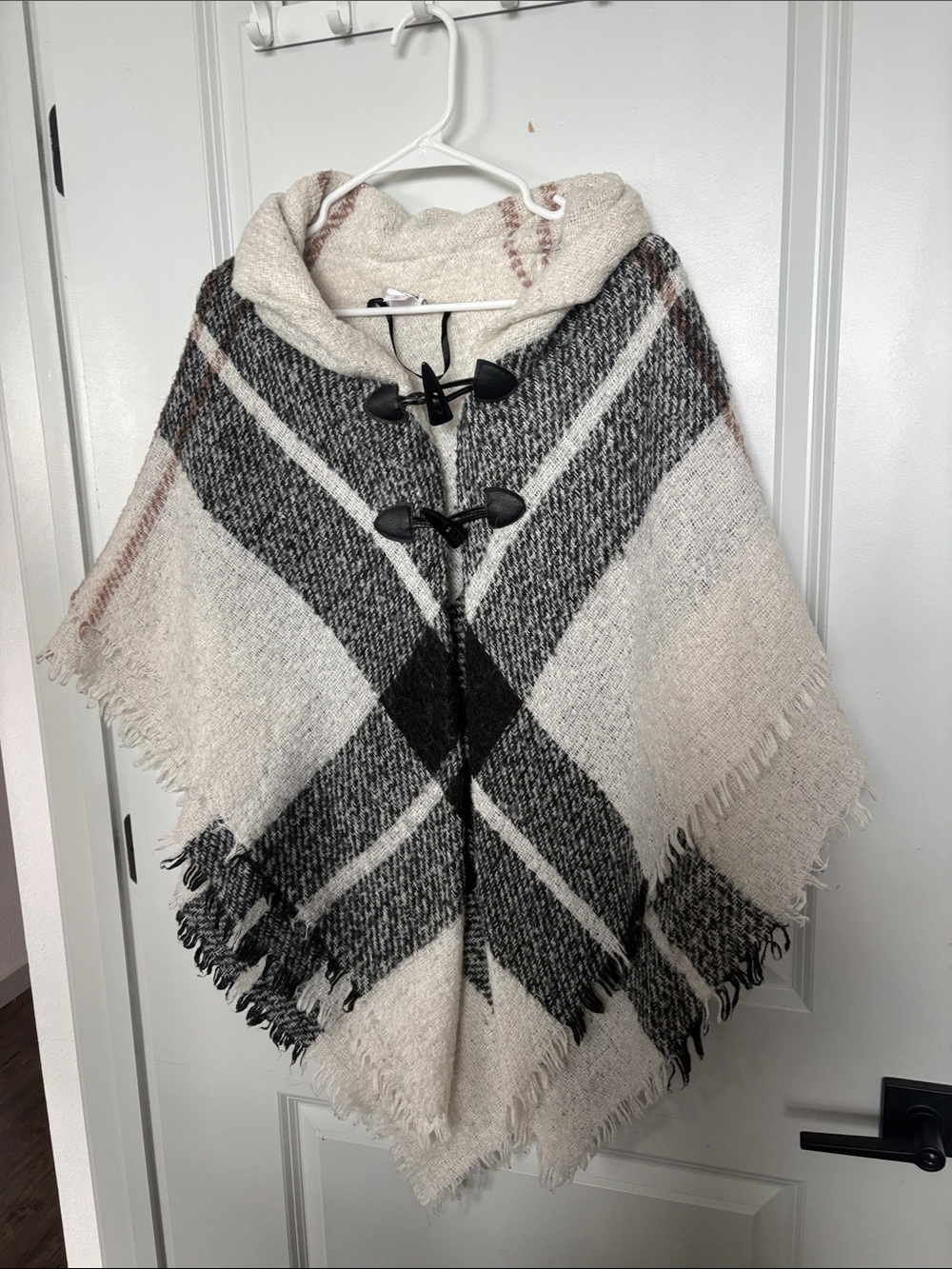 Sonoma Cream & Black Hooded Toggle Poncho
